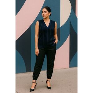 St. John Knits Sleeveless Sweater Vest Blue Black Knit‎ Top Designer M